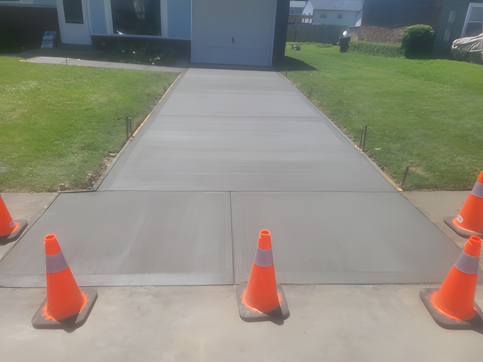 Finished concrete driveway with clean control joints running the full depth of a residential property