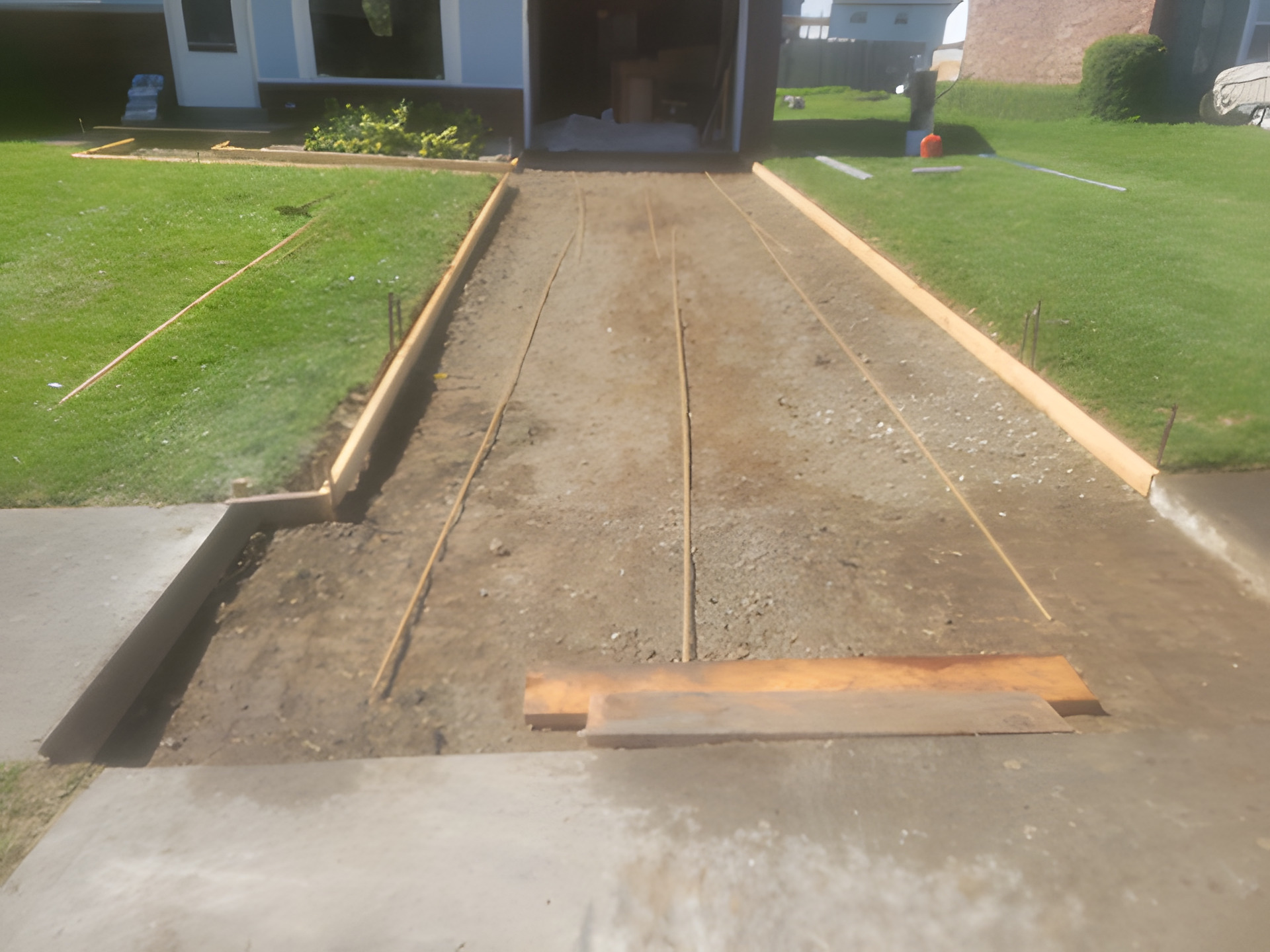 Residential driveway excavated to grade with side forms set and reinforcing wire laid over a compacted stone base